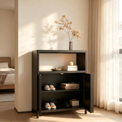 Black Bamboo Large Capacity Storage Cabinet, Freestanding Floor Organizer with Shelves – Bathroom & Living Room Cabinet
