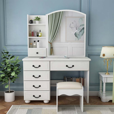 Unique Modern Bedroom Vanity Set w Stool Foldable Mirror Drawers White Color MDF Veneer 1pc Vanity Furniture by Wrought Studio