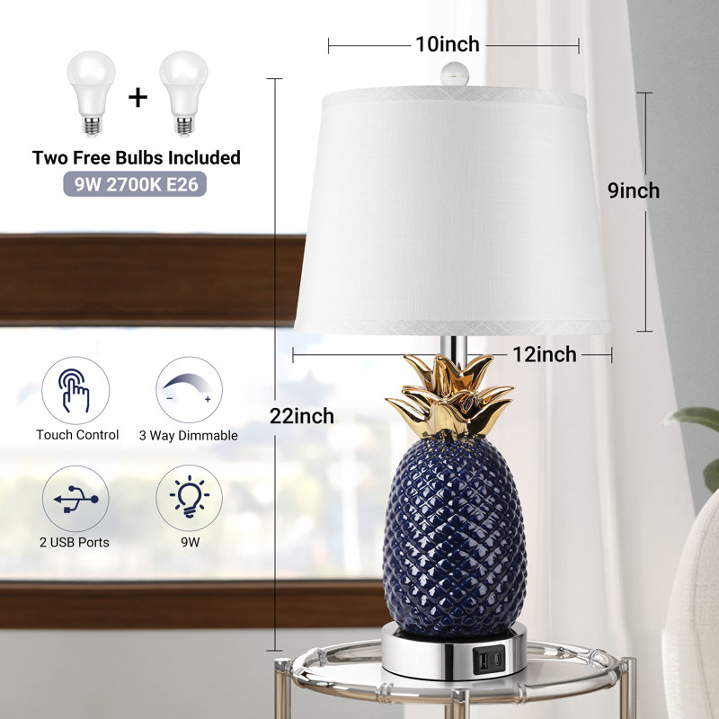 Ensemble de 2 lampes de table 22 "en forme d'ananas, 2 lampes de table en céramique à 3 intensités pour le salon, la chambre à coucher et le bureau à domicile (ampoules incluses)