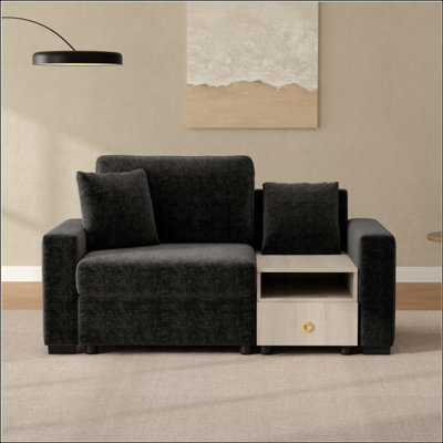  Chenille Upholstered Sofa Couch with Storage Armrest, Built-In Center Console Drawer & Detachable Throw Pillows for Living Room