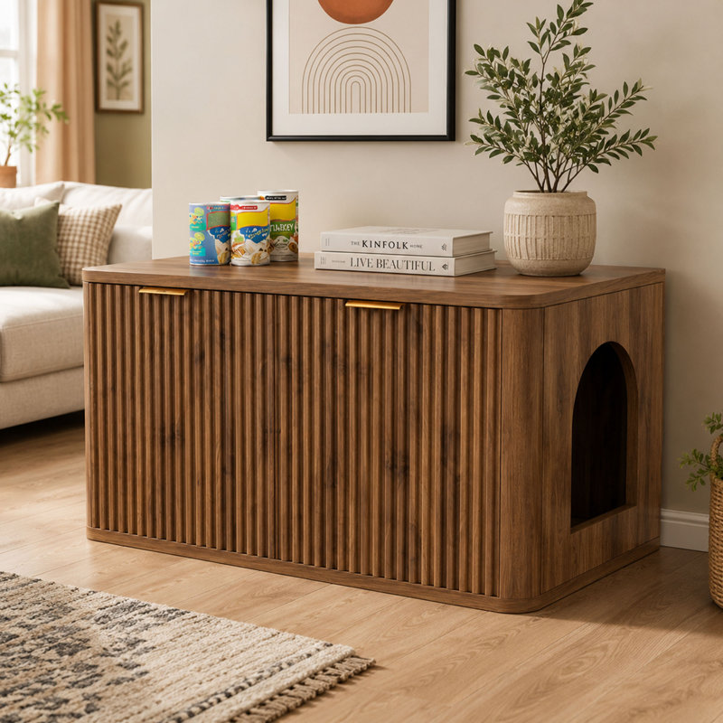 Enceinte cachée pour litière avec armoire cannelée en noyer