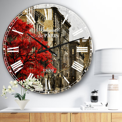 Red Tree on Black and White New York City Street - Industrial wall clock