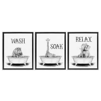 «Wash Soak Relax Jungle Animals», ensemble de 3 toiles flottantes encadrées par Rachel Nieman