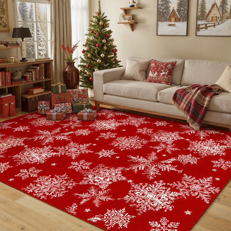 Tapis de Noël lavable Chamora avec motif classique rouge et flocon de neige, Rectangle 5 pi x 7 pi