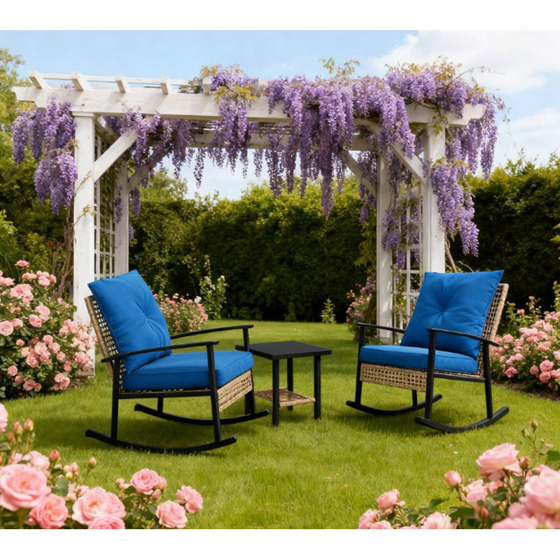 Rattan Rocking Chairs, Coffee Table,Button Tufted Cushions With Patio Furniture Set, Blue