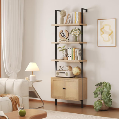 Four Story Bookshelf With Rattan Cabinet