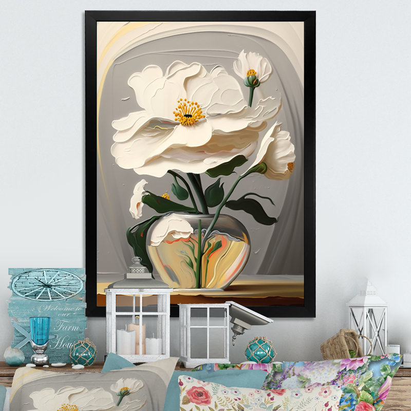 «Blossoming White Flowers Still Life I», reproduction d'art sur toile florale, Cadre photo noir, H 32 po x l 16 po x P 1 po