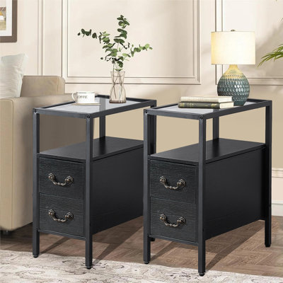 Set of 2 Black Narrow End Tables with Drawers and Open Shelf, Modern Industrial Nightstands with Storage for Bedroom, Sofa Side or Small Spaces