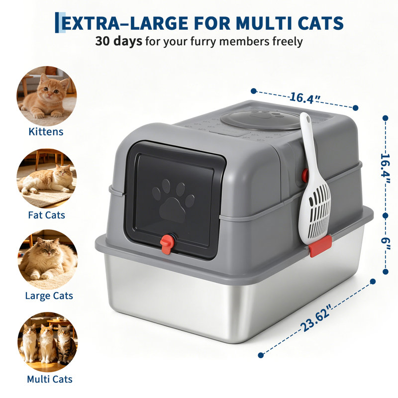 Bac à litière en acier inoxydable entièrement fermé et résistant aux chiens, avec couvercle, bords hauts, entrée frontale et sortie par le haut, conception anti-fuites, pelle incluse, idéal pour les grands foyers et les foyers avec plusieurs chats - Gris