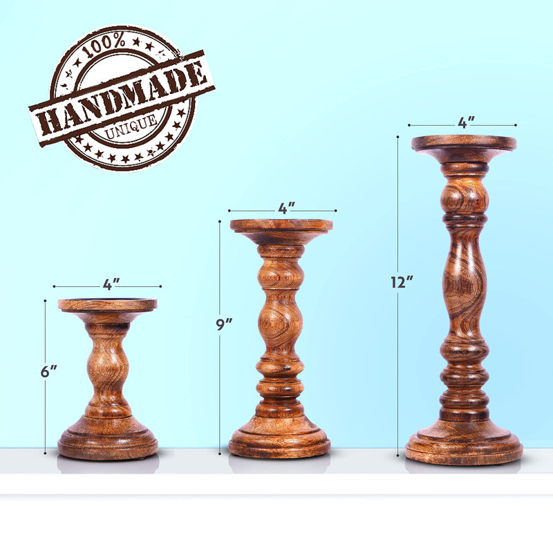 Handcrafted Natural Mango Wood 3-Piece Tabletop Candlestick Set