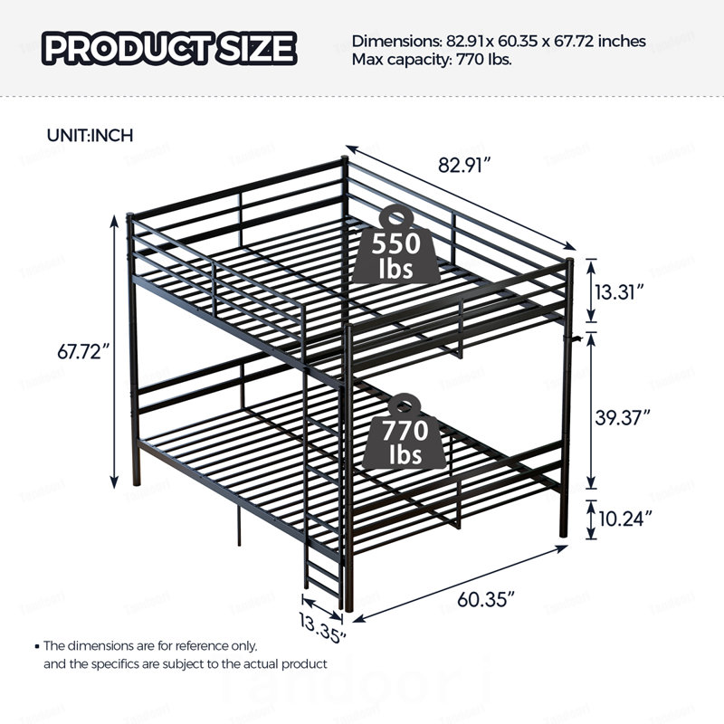 Grand lit superposé très grand avec échelle et garde-corps hauts, 20 barres transversales, capacité de charge minimale de 880 lb par lit superposé, peut être divisé en deux lits doubles, comprend un espace de rangement