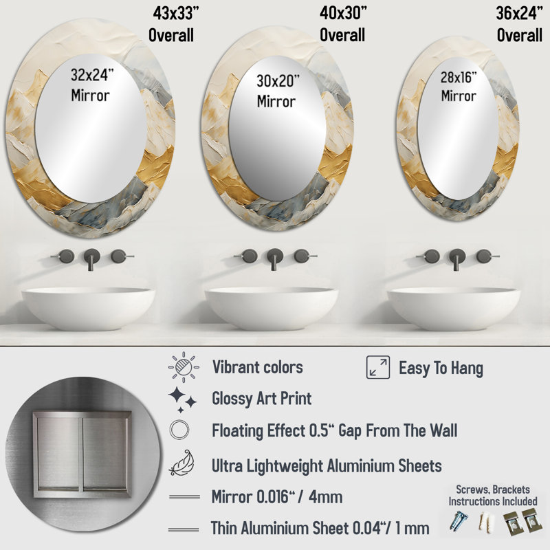 Alpine Alpine Harmony I - Miroir décoratif ovale sur métal, 36 po x 24 po