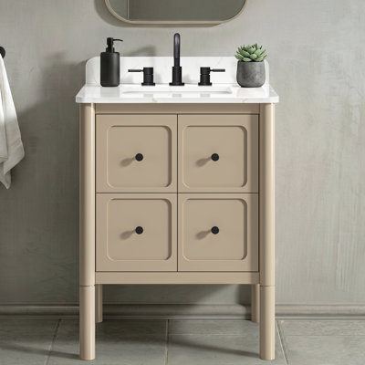 Meuble-lavabo simple Ario de 66 cm (26 po) de couleur kaki avec comptoir en quartz