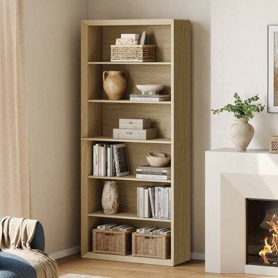 72" Tall Bookcase, Wood 6 Tier Bookshelf With Adjustable Shelves For Living Room Home Office