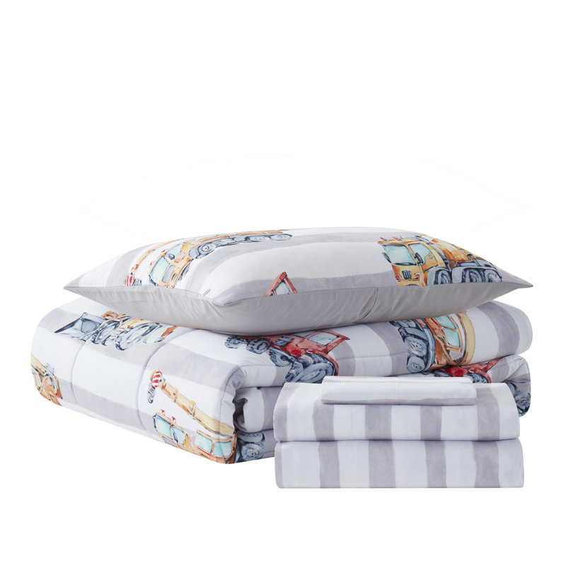 Twin Gray and Blue Construction Trucks Microfiber Bedding Set