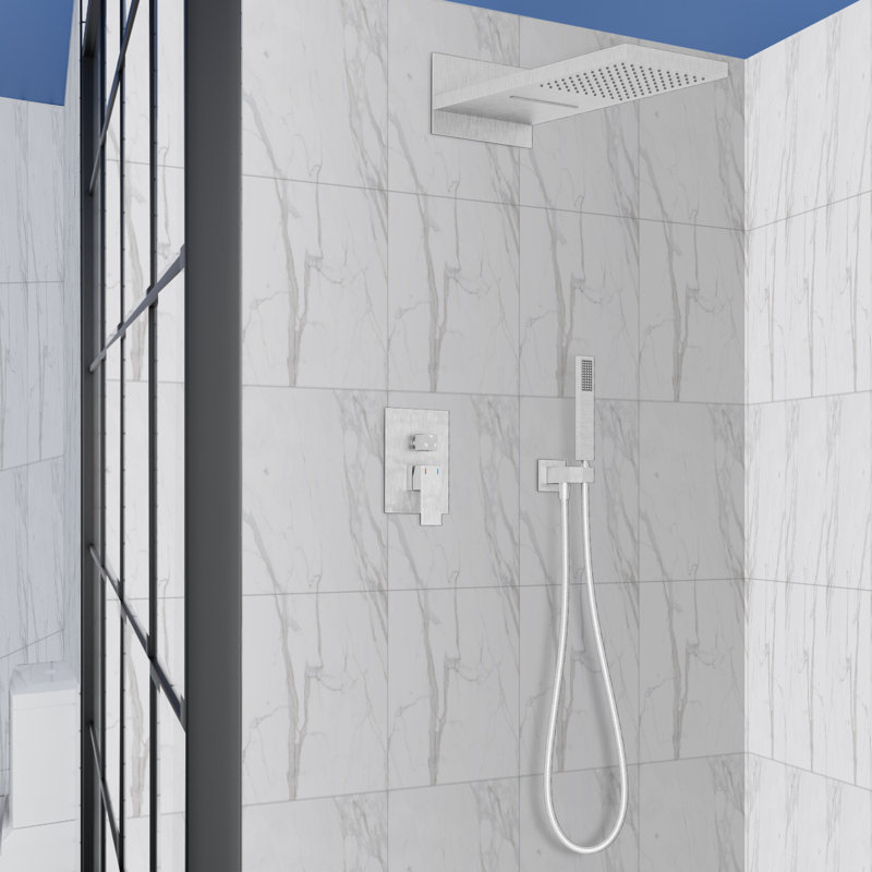 Système de douche à pluie et cascade avec pomme de douche à jet d'eau, Nickel brossé