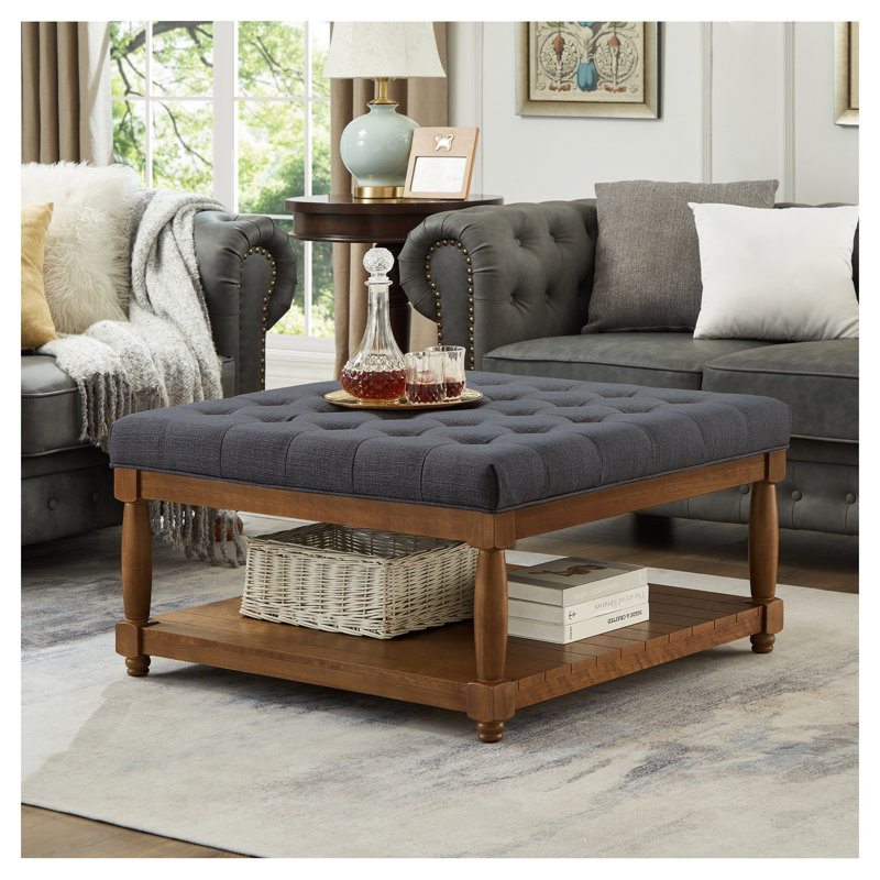 Grande table basse carrée capitonnée et revêtue en lin gris anthracite, Gray