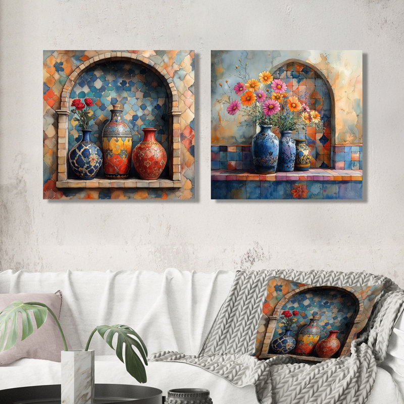 Art floral et poterie marocaine III - art mural marocain - art mural traditionnel 2 pièces, H 16 po x l 33 po, Toile tendue