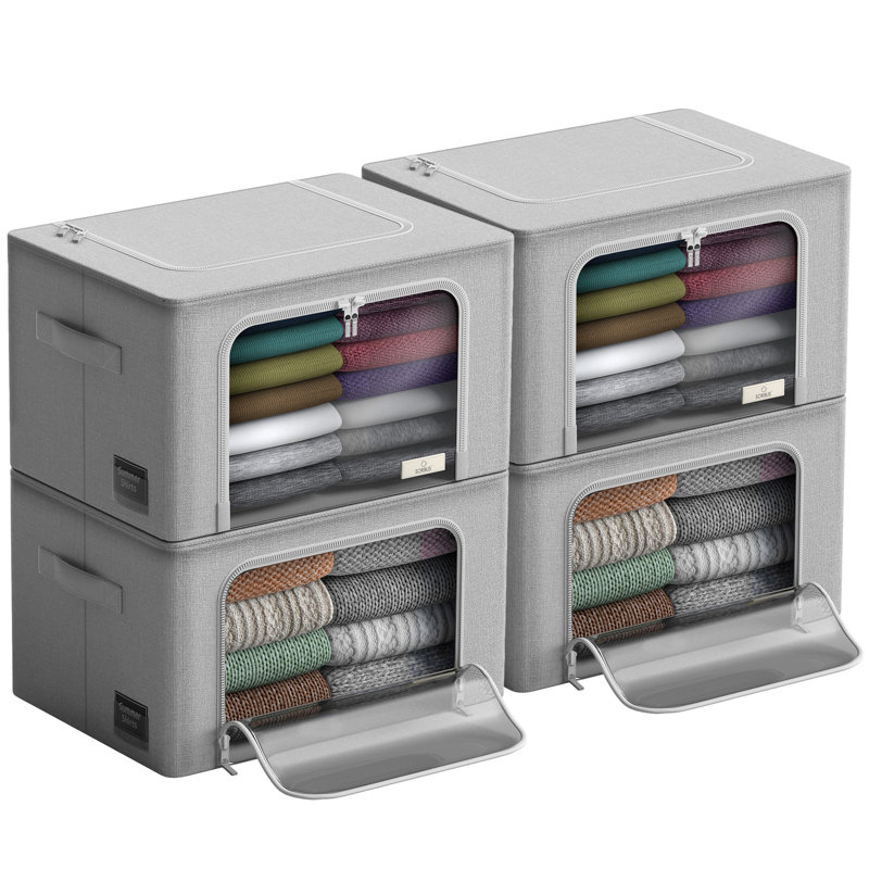 Medium Storage Box Foldable with Window & Handles 4 Pack, Gray
