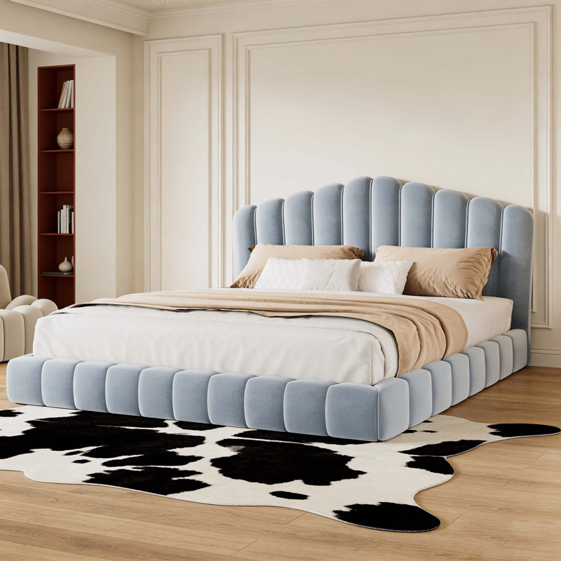 Tête de lit tapissier en velours pour lit de grand lit, sans sommier tapissier, bleu clair, Bleu clair