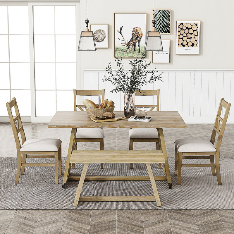 6 - Person Double Pedestal Dining Set, Natural, Natural, White/Natural