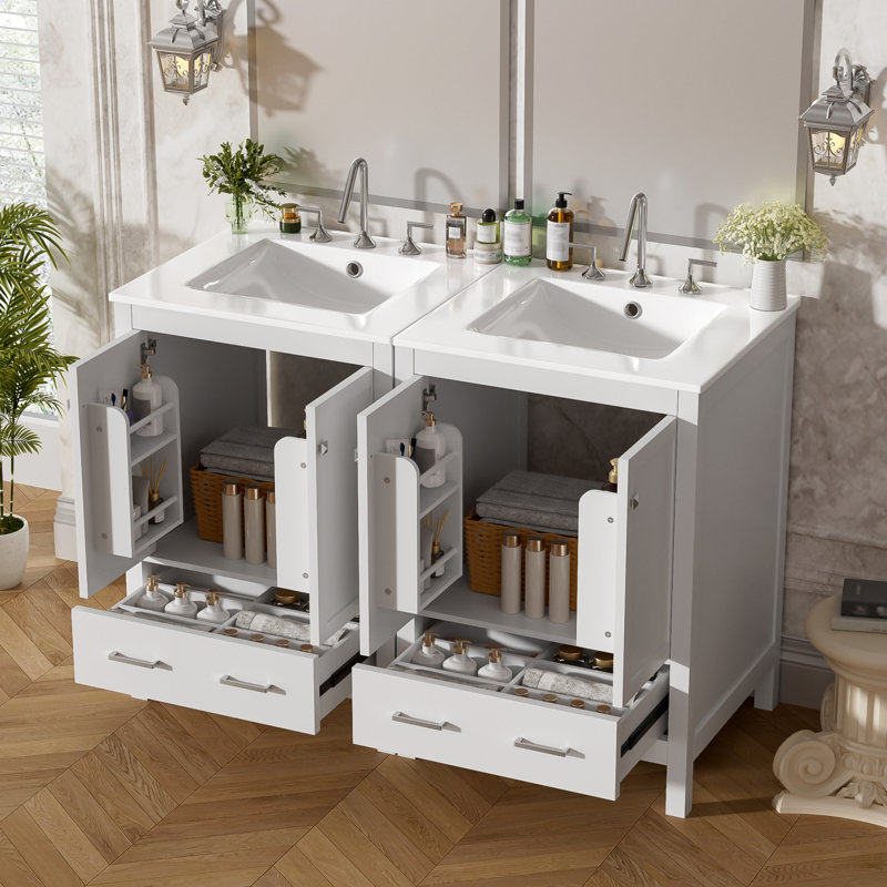 Meuble-lavabo de 48 po avec lavabos doubles en céramique et beaucoup de rangement, Blanc