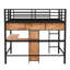 Lit mezzanine double avec métal et bois - noir et brun, structure durable, tablettes de bureau en L, espace sous le lit, gardé, aucun sommier nécessaire