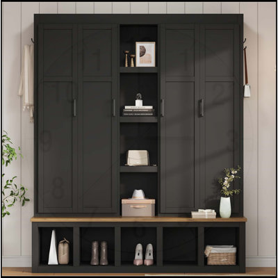 62.9W Farmhouse 4-in-1 Hall Tree with 6 Hooks, Mudroom Bench, and Open Compartments for Entryway Organization