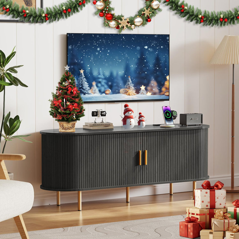 55.1'' Wooden TV Stand For Tvs Up To 60 Inch, Entertainment Center, Console Cabinet With Power Outlet And Ample Storage Place(Black)