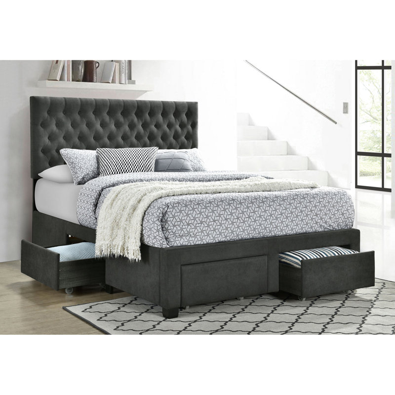Lit à panneau de rangement double gris, quatre tiroirs spacieux, tête de lit à boutons, ensemble de lattes pour matelas, literie et vêtements de tiroir, tête de lit