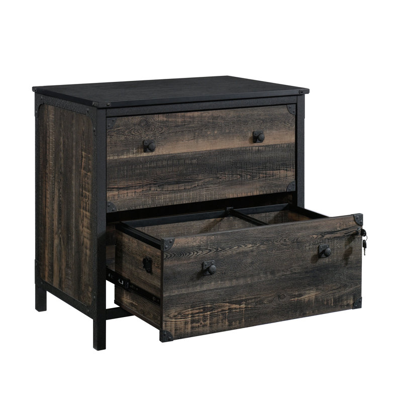 Industrial Lateral File With A Lockable Drawer, Brown Finish