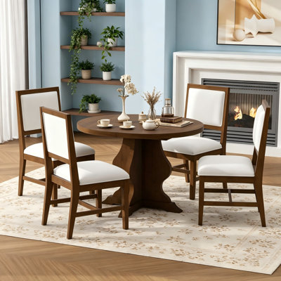 Extendable Wood Dining Table Set, Farmhouse Style 5-Piece Dining Furniture with 15.7" Extension Leaf and 4 Upholstered Chairs
