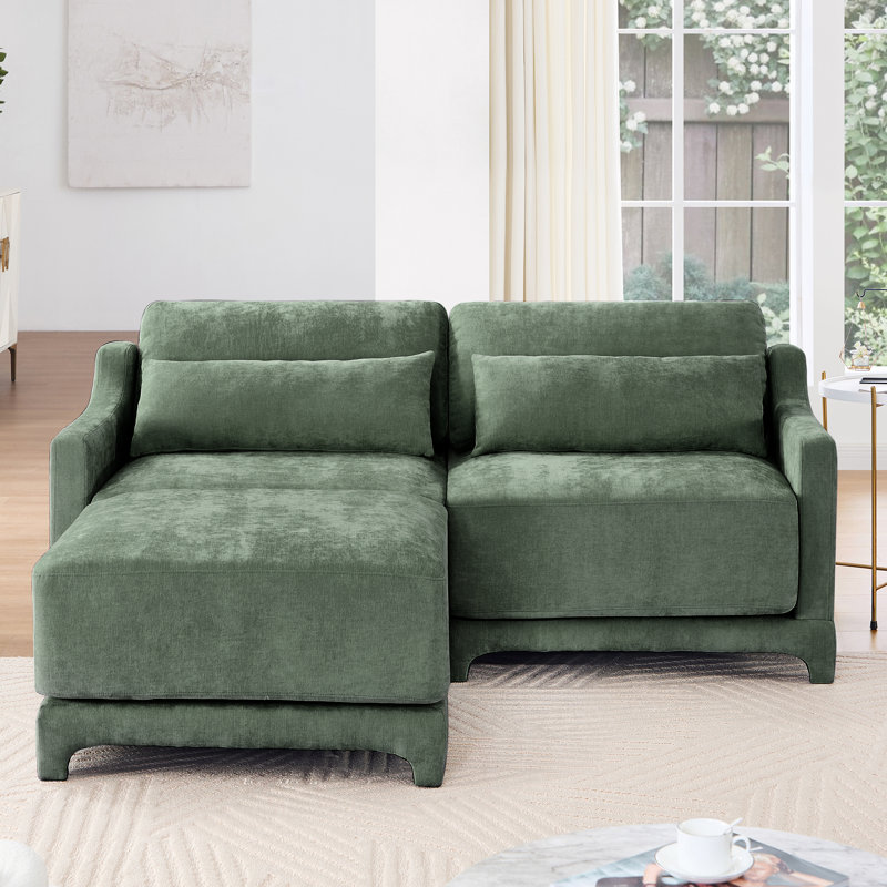 Canapé 2 places en chenille avec repose-pieds, deux coussins lombaires et éponge à haute résilience, Chenille verte