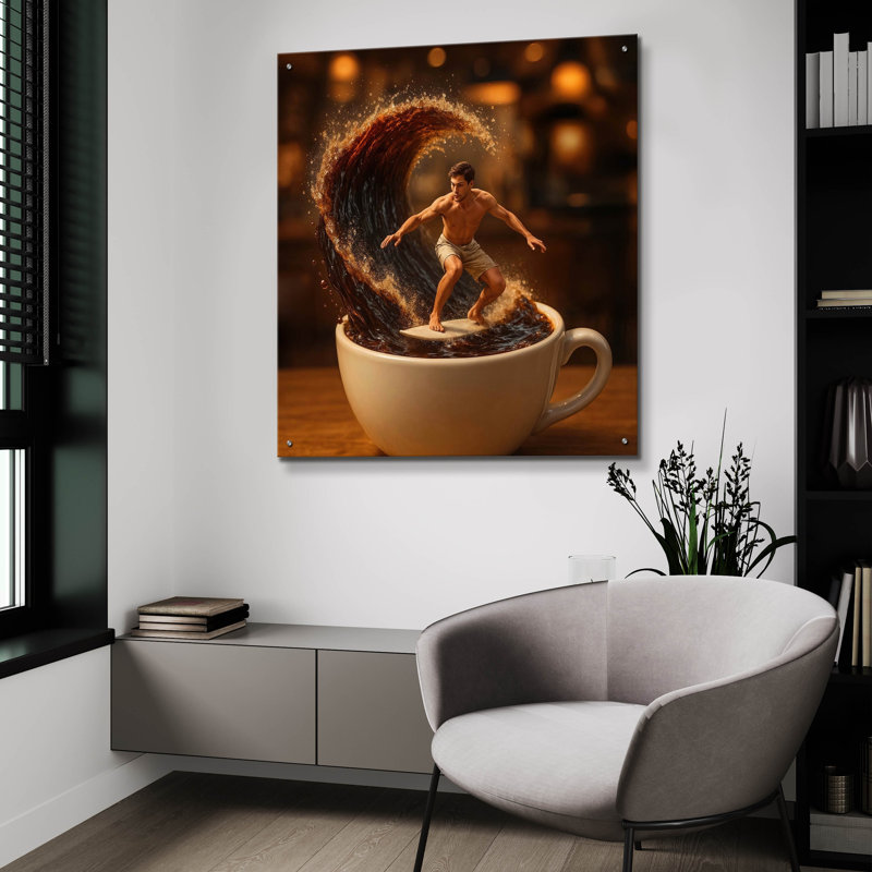  «Coffee Cup Surfing» par Rey Klimt, art mural en verre acrylique, 36 po x 36 po, H 36 po x l 36 po