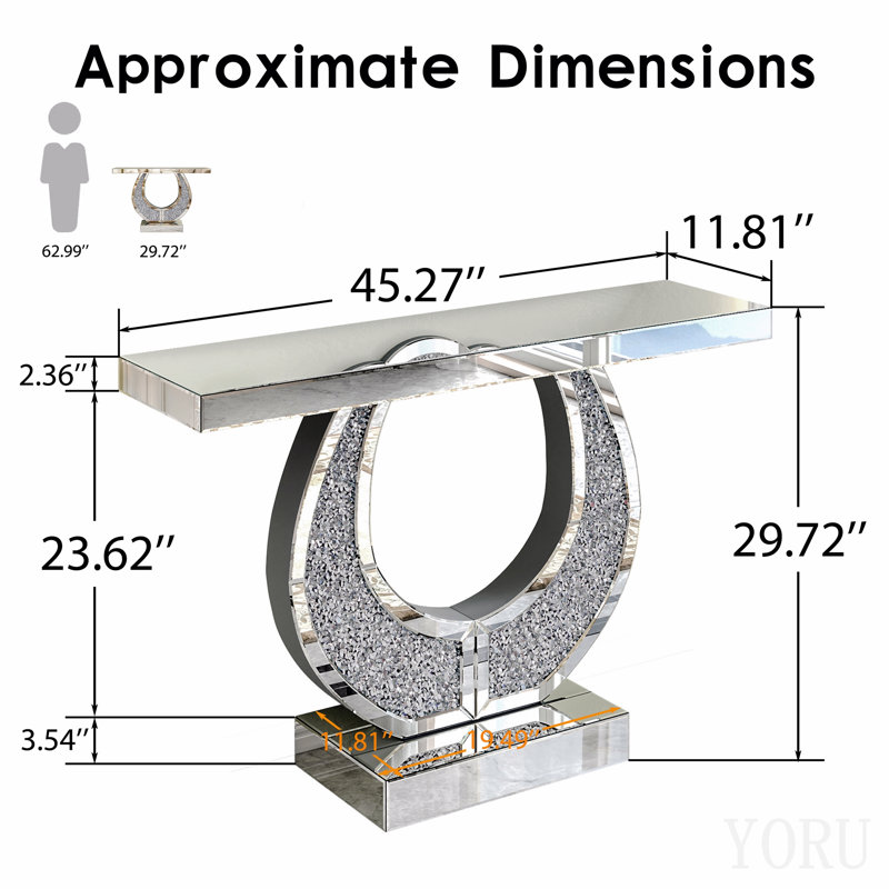 Console à miroir de 45 pouces avec losanges concassés incrustés dans la rainure du miroir, canapé en forme de O glam derrière la table, bureau d'entrée en verre argenté moderne pour le couloir du salon, bureau de la console de luxe
