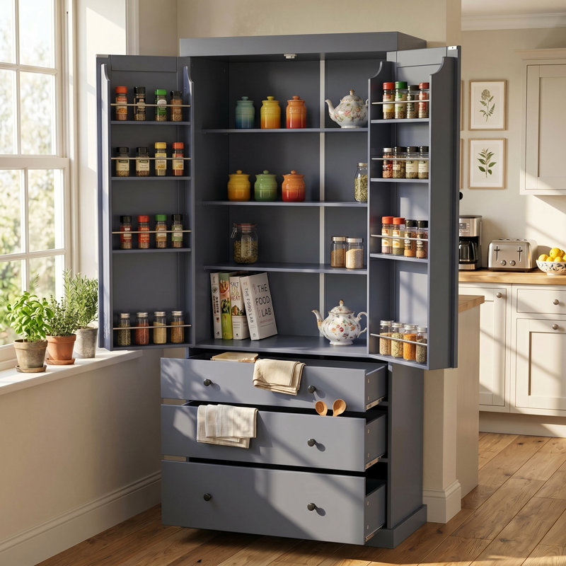 Garde-manger autoportant 77 po avec 3 tiroirs, 3 tablettes réglables et 8 tablettes de porte Farmhouse, Gray