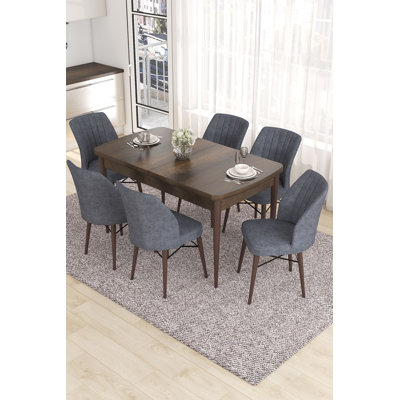 Ensemble de table et chaises de salle à manger extensible Modern (7 pièces), couleurs baroque et fumées | 100% panneau de fibres à densité moyenne avec pieds en bois, structure de chaise en métal | Table: 52 po x 30,7 po x 31,5 po (extension jusqu'à 67 po x 30,7 po x 31,5 po) | 6 chaises en tissu Jerry, coussins en mousse confortables