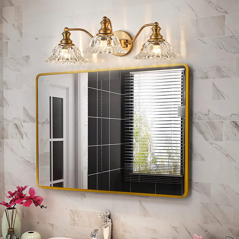 3-Light Brass-Finish Vintage Bathroom Vanity Lamp UL Listed, Brass, Clear, 3 Lights