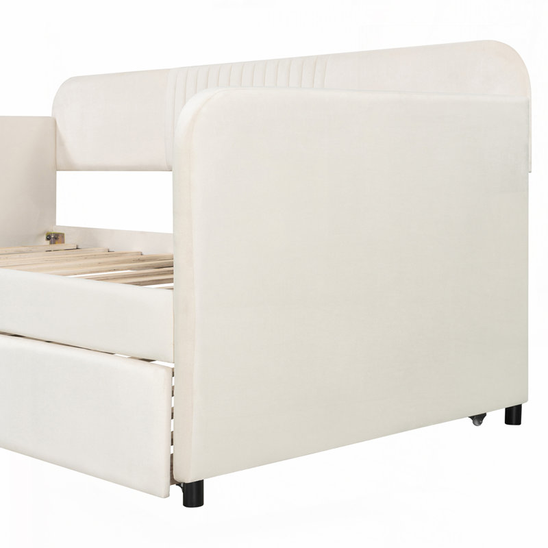 Upholstered Daybed Sofa Bed Twin Size With Trundle Bed and Wood Slat, Beige
