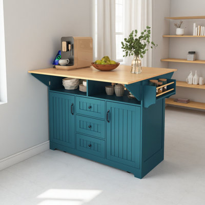 55.7'' Large Kitchen Island With 2 Drop Leaf,, Rolling Kitchen Cart On 5 Wheels With Power Outlet, Folding Storage Dining Table With Spice
