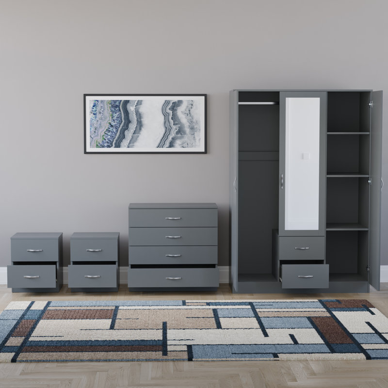 Tayce 4 Piece Bedroom Set (2 Drawer Bedside Chest, 4 Drawer Chest, 3 Door 2 Drawer Mirrored Wardrobe), Grey