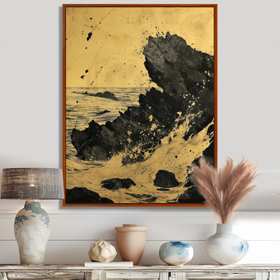Wild Waves On Black Rocks Vintage Illustration - Beach Wall Art Decor