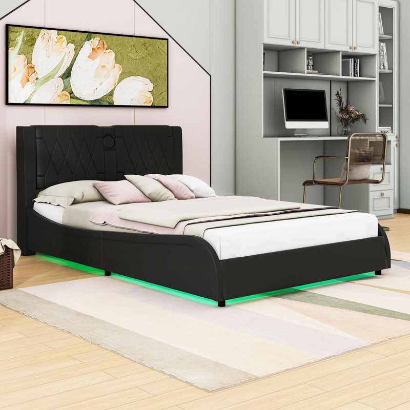 Upholstered Platform Bed with Built-in Bluetooth Speakers and RGB LED Light, Black, Full