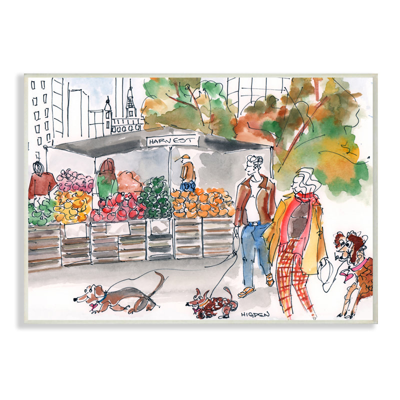 «Farmers Market Illustration City Dog Walkers» par Mark Higden - impression d'art graphique, H 10 po x l 15 po x P 0,5 po