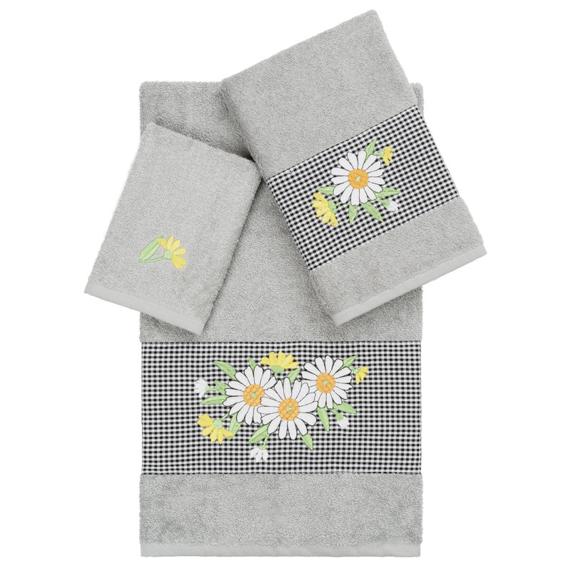 100% Turkish Cotton Daisy Embellished Towel Set, Light Gray, 3 Piece Towel Set