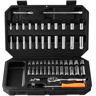 1/4 Inch Drive 54 - Piece Socket And Ratchet , 6 Point Socket, Metric, 5/32 9/16 In, 4 14 Mm, Accessorized, High Torque Capacity, Cr V Capacity