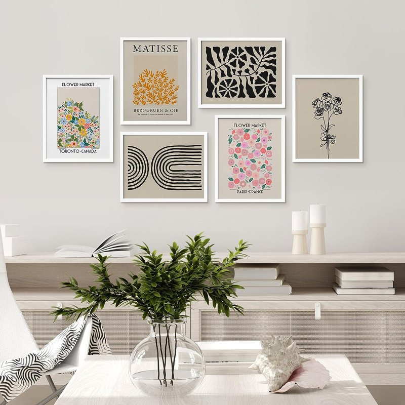 Henri Matisse Mid-Century Modern Shape Flower Market Pictures Framed Wall Art 6 Pieces Paper Print, 16" H x 12" W x 1" D