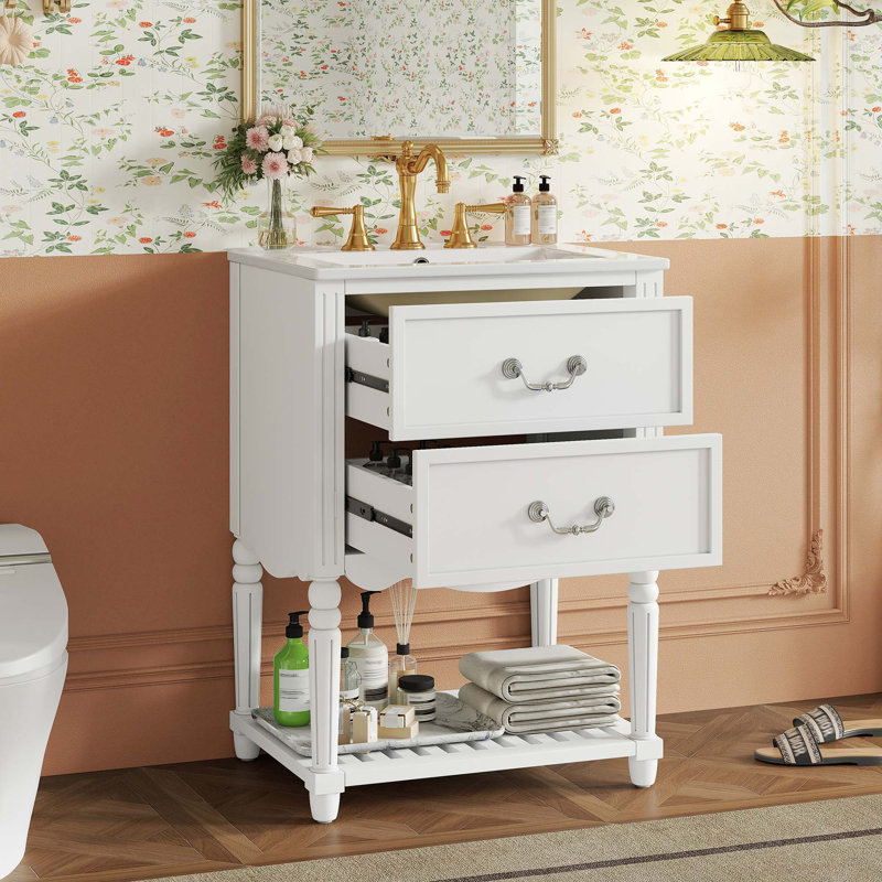 Meuble-lavabo vintage avec lavabo en céramique et rangement à fermeture en douceur, Blanc