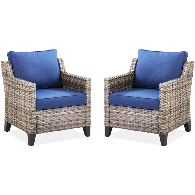 2 Blue Outdoor Patio Lounge Chairs - Fit For Collections. All-weather Pe And Powder-coated Steel Base, 4-inch High Sponge Cushions 2 Arm Backyard Deck. Handwoven Fade- Frame, Sloped Comfort, Fabric