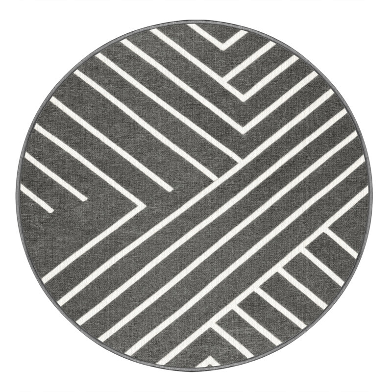 Washable Fog Gray White Striped Area Rug, Round 7'